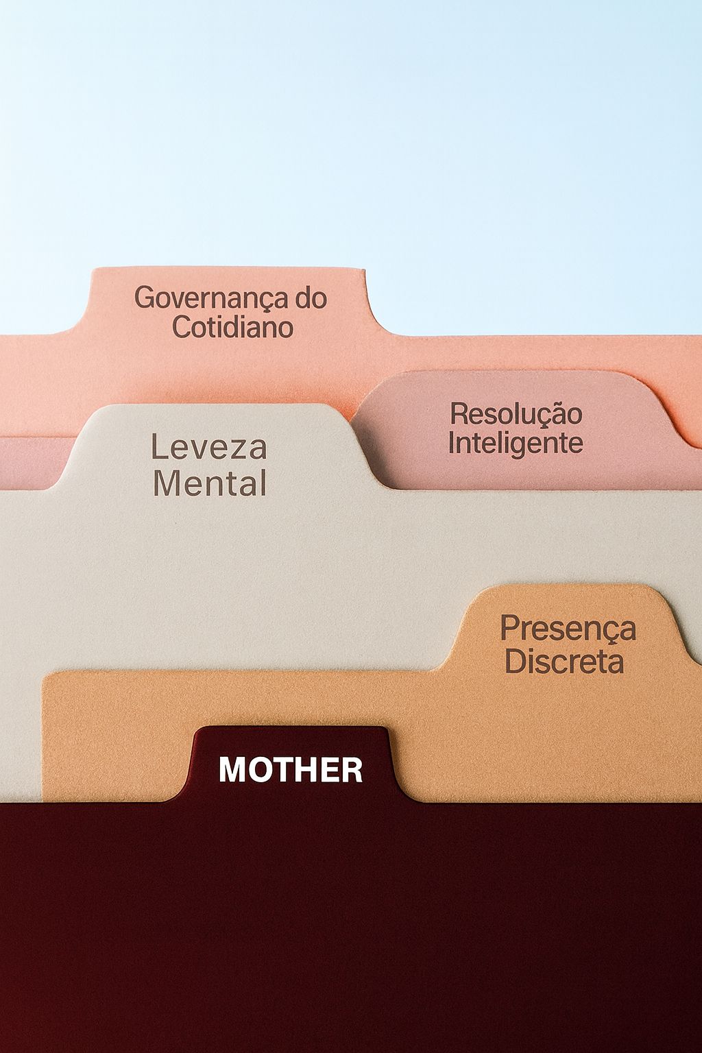 Pastas editoriais representando os pilares de atuação da Mother: Governança do Cotidiano, Resolução Inteligente, Leveza Mental e Presença Discreta