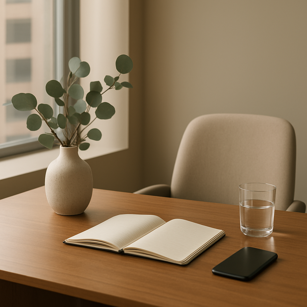 Ambiente corporativo sereno e elegante representando bem-estar e clareza no trabalho